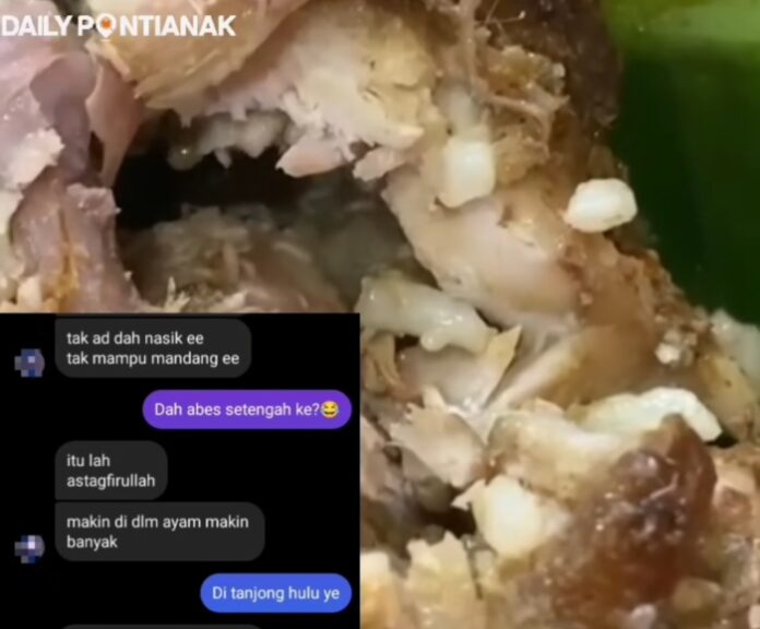 Penampakan goreng ayam di dalam nasi bungkus ada ulatnya. Diduga kejadian ini di Pontianak. (tangkapan layar/video diunggah Instagram @dailypontianak)